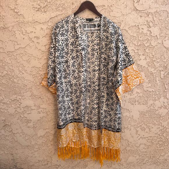 Top Shop Key To Freedom Batik Print Fringe Silky Kimono One Size - Picture 1 of 4